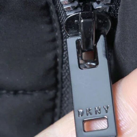 DKNY Asymmetrical Puffer Jacket Packable Winter Coat Hooded Black Pillow Collar - Picture 14 of 16